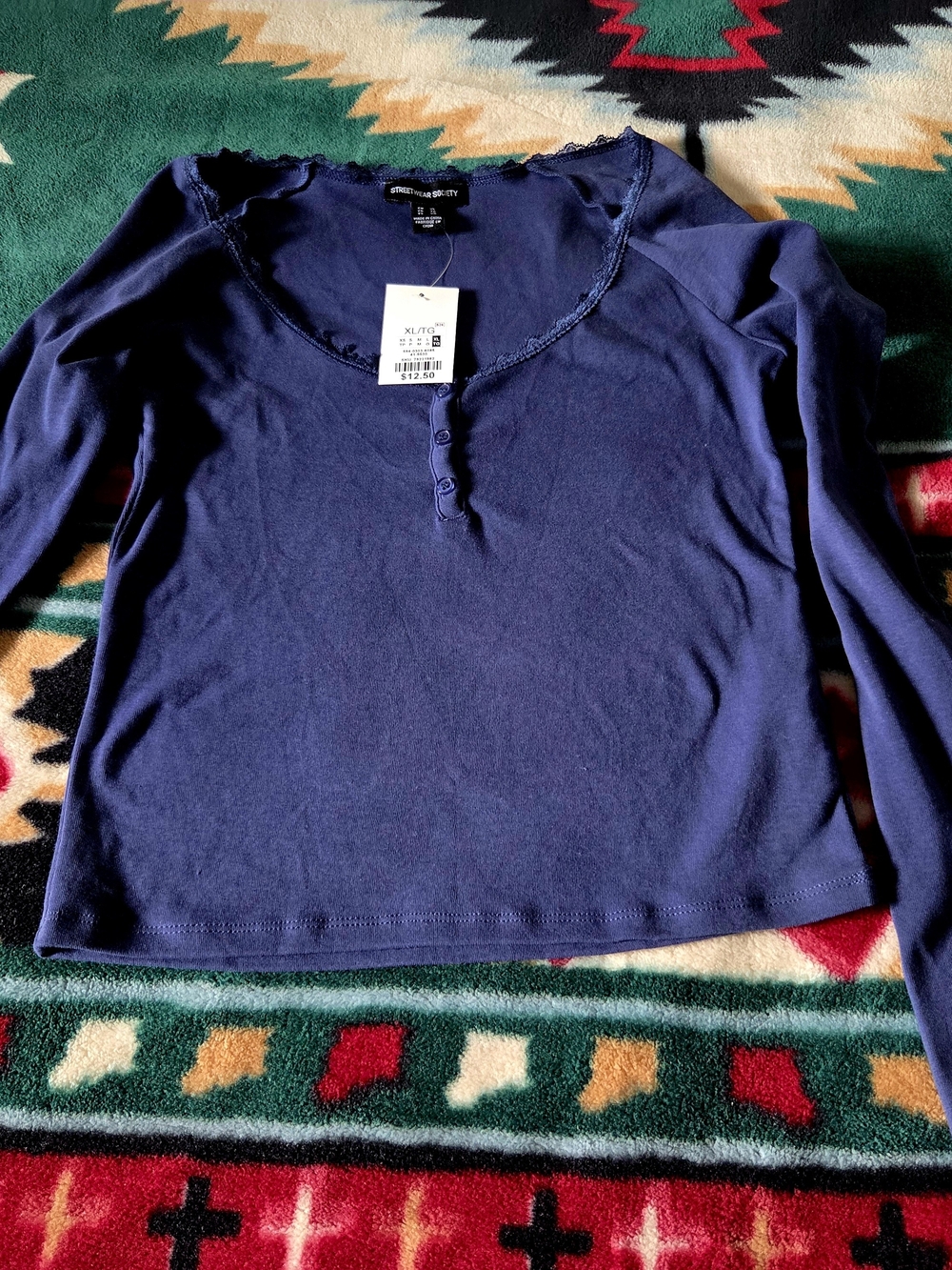 Free People Deep Navy Lace-Trim Henley Long-Sleeve Top.Size Xl.